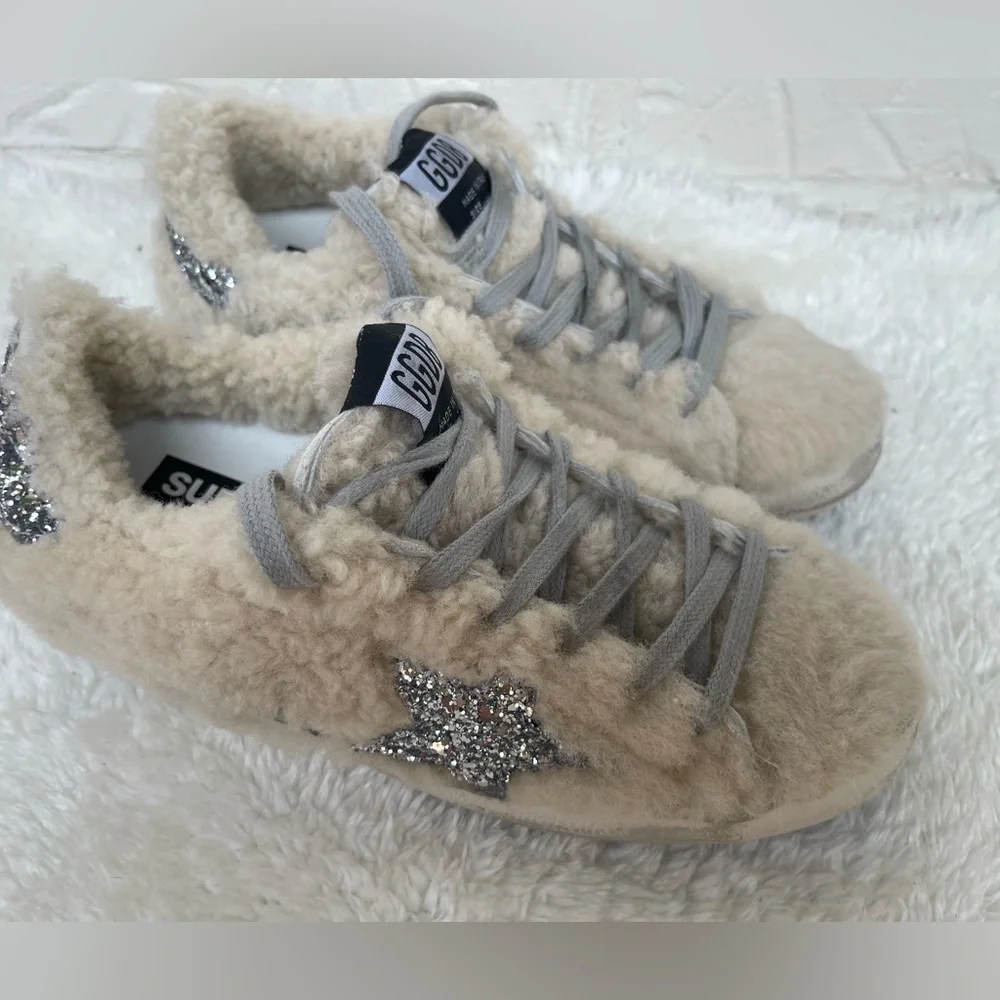 New Golden Goode Super-Star Beige Shearling Silver Glitter Star Sneakers Size 37 - Picture 6 of 12